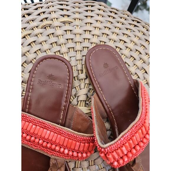Ruff Hewn Sandals Womens 9.5 M Leather Slides Strappy Slip On Salmon Beads Braid - Picture 2 of 7
